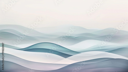A serene and minimalist landscape crafted from translucent layers of soft, muted colors, suggesting rolling hills or quiet waves, inviting contemplation and calm