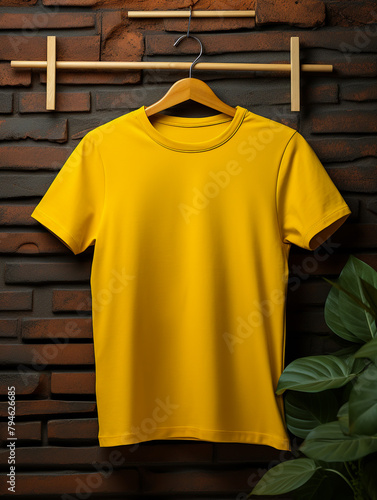 Blank yellow t-shirt against brick wall
