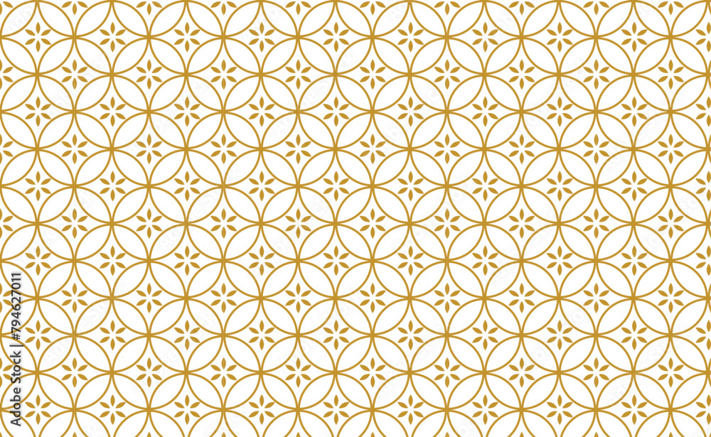 Golden vector floral seamless pattern. Abstract luxury geometric ornamental texture with small flower silhouettes. Gold and white simple ornament in oriental style.
