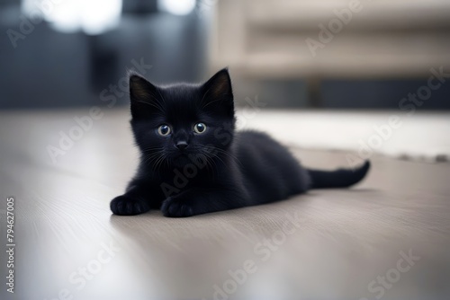 'floor lying black little kitten scottish cat baby children adorable animal background beautiful breed british charming cuddly curious cute domestic funny fur healthy isolated looking lovely mammal'