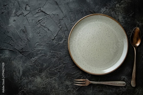 Empty ceramic round plate on dark textured concrete background. Cutlery  preparation for dinner - generative ai