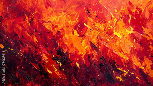 Bold, abstract brush strokes that capture the essence of a forest fire, with vibrant reds and oranges leaping off the canvas