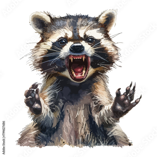 angry cartoon raccoon in watercolor painting style