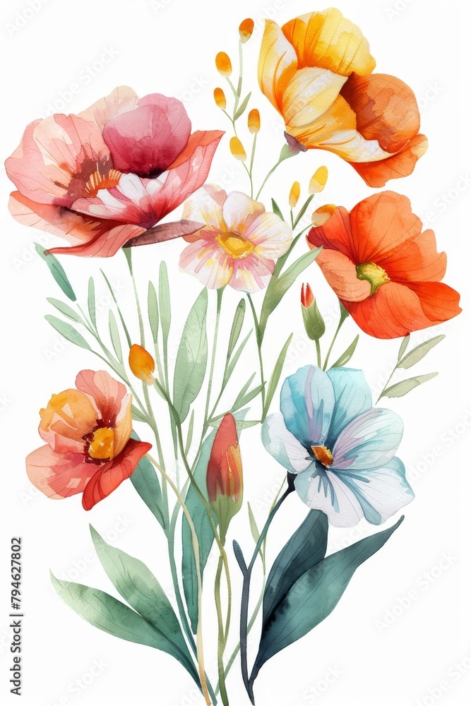 Obraz premium Fresh spring floral bunch in watercolors, vivid clipart isolated