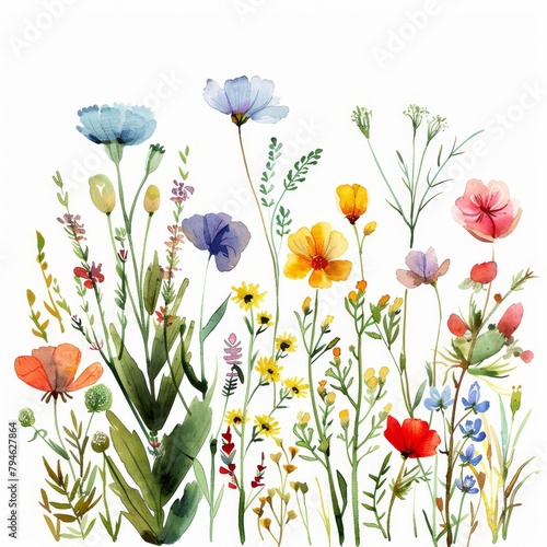 Lush watercolor wildflower spread, summer vibe, white isolated background --ar 1:1 Job ID: 28609ff8-b72c-42c2-8972-b03edfc28db0