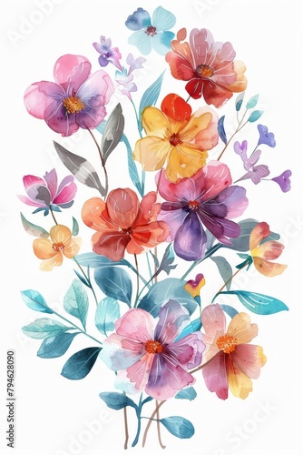 Fresh and colorful watercolor spring florals, bouquet isolated on white --ar 2:3 Job ID: 581eba55-6d5b-49f4-a05e-76fec92b1028