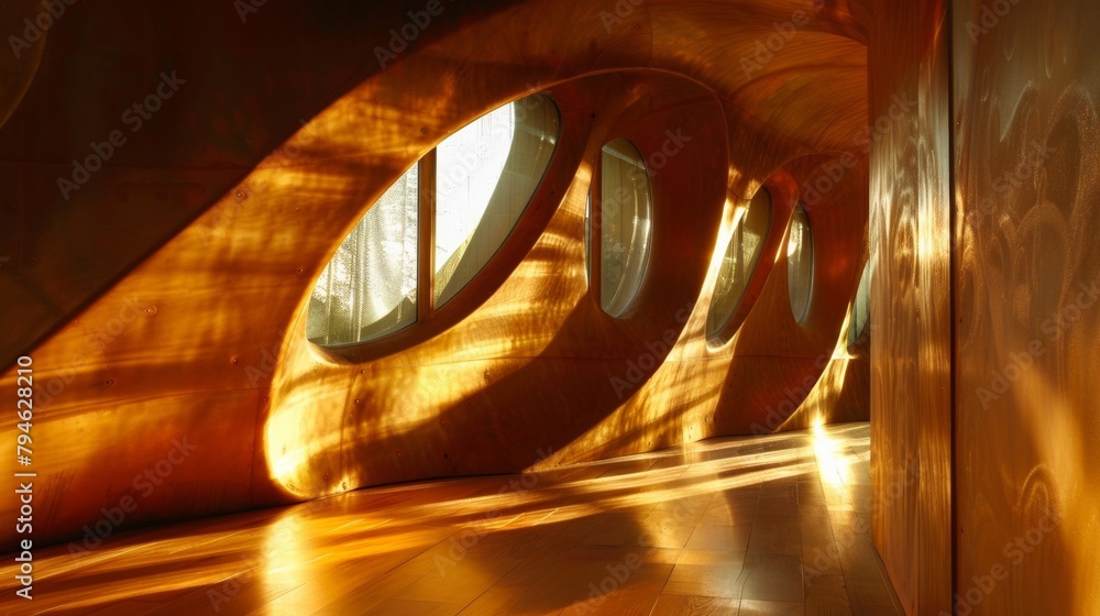 Soft golden light streaming through the windows of a pod creating a warm and inviting atmosphere. 2d flat cartoon.