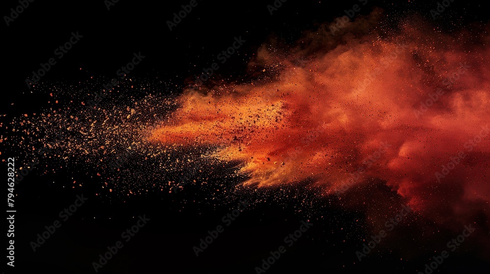 Dynamic explosion of gold colored dust isolated on black background