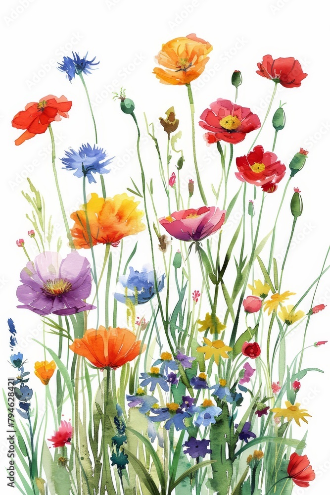 Fototapeta premium Vibrant watercolor wildflower meadow, isolated on white, summer freshness theme