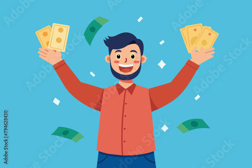 joyful man with banknotes of money vector illustration