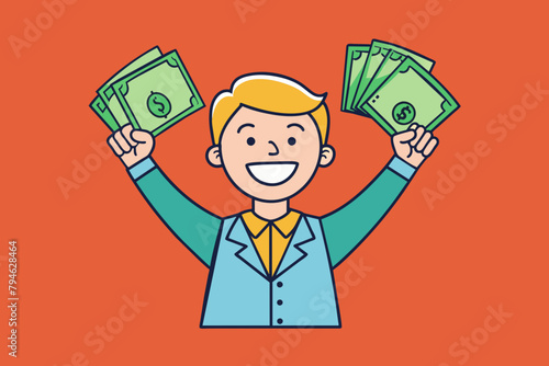 joyful man with banknotes of money vector illustration