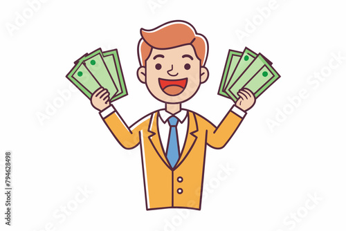 joyful man with banknotes of money vector illustration