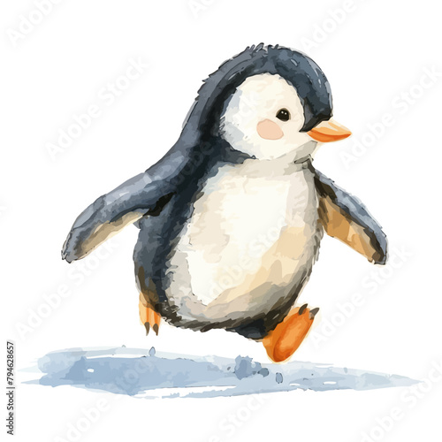 cute penguin cartoon in watercolor painting style