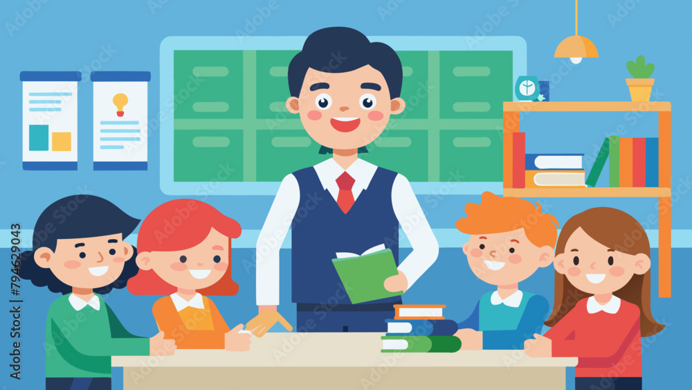 a teacher with pupils in primary school vector illustration a teacher with pupils in primary school vector illustration