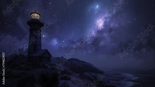 As the stars le in the night sky the only thing to keep you company in this secluded lighthouse is the rhythmic lullaby of the ocean. 2d flat cartoon.