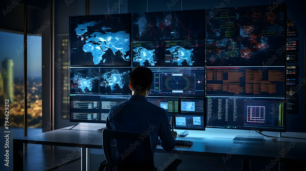 A data scientist analyzing big data sets on multiple screens,