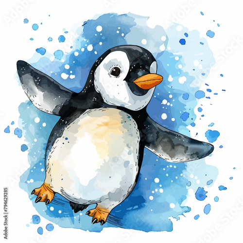 cute penguin cartoon in watercolor painting style