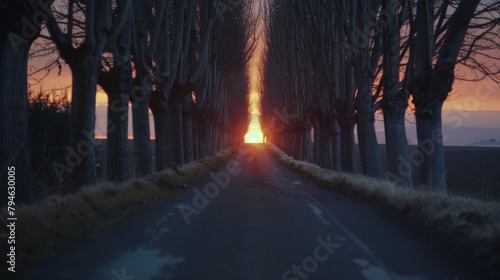 The sun sets over a solitary road lined with rows of trees creating a sense of haunting isolation. . AI generation.