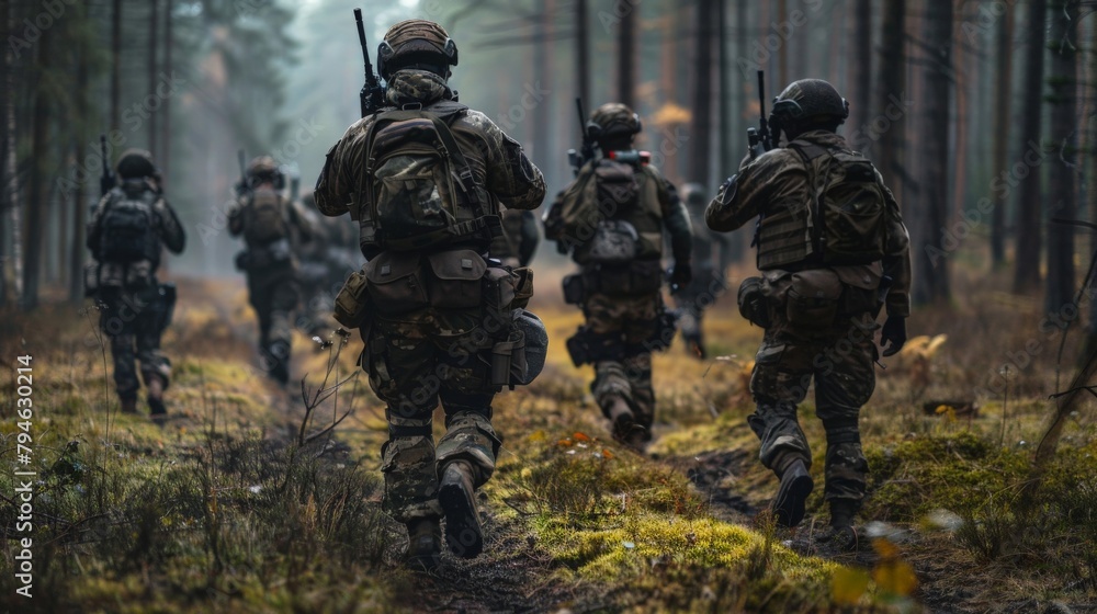 A group of soldiers training in the forest, their demeanor filled with power and unity