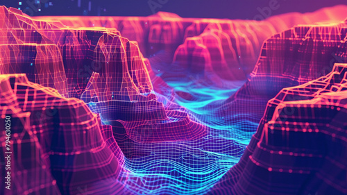 Neon-lit low poly canyons echoing with digital sound waves, visualizing the resonance of global communication photo