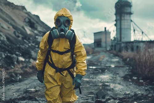 Man wearing gas mask in nuclear radioactive wasteland