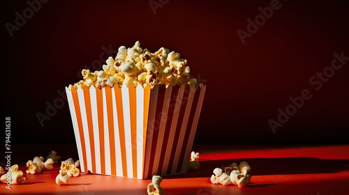 Popcorn bucket with sprinkles of popcorn around it isolated red cloth texture background