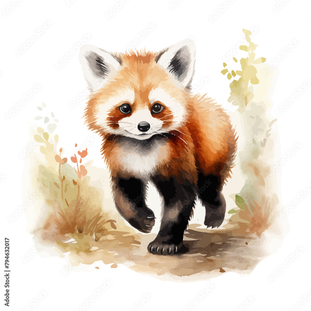 Fototapeta premium Cute red panda cartoon in watercolor painting style
