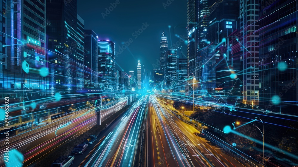 Smart city skyscraper view, technology icons, internet of things, with smart services networks background concept. Neon light speed access 5G internet symbol. Smart city skyscraper view, technology icons, internet of things, with smart services networks background concept. Neon light speed access 5G internet symbol.