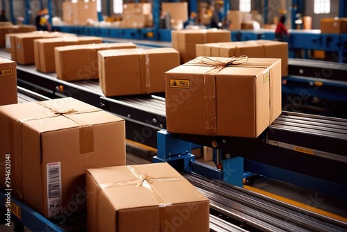 Parcel boxes on conveyor belt in product sorting and shipping facility, manufacturing and delivery logisticsParcel boxes on conveyor belt in product sorting and shipping facility, manufacturing and de