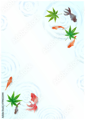 金魚と青もみじの夏らしい涼しげな水彩フレーム