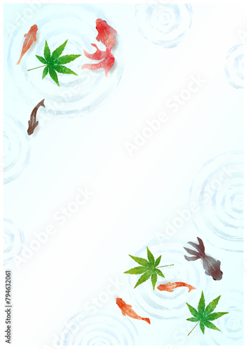 金魚と青もみじの夏らしい涼しげな水彩フレーム