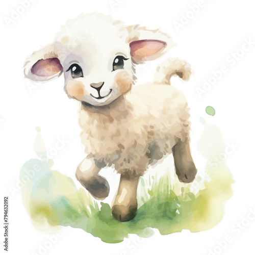Cute little sheep cartoon in watercolor painting style