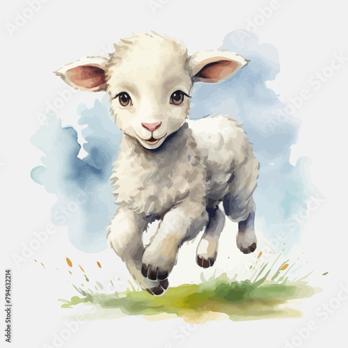 Cute little sheep cartoon in watercolor painting style