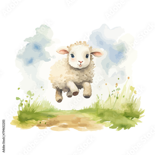 Cute little sheep cartoon in watercolor painting style © Fauziah