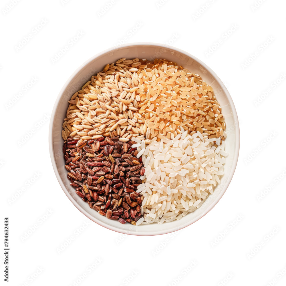 A colorful array of rice berry brown and white rice wheat and barley sits in a bowl atop a pink table isolated against a transparent background A colorful array of rice berry brown and white rice wheat and barley sits in a bowl atop a pink table isolated against a transparent background