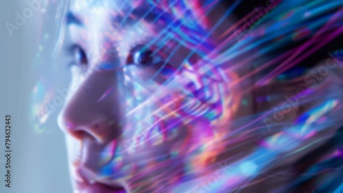 Wallpaper Mural Iridescent holographic patterns swirl around a woman's face, fusing futuristic innovation with the exhilarating whirlwind of city life.  Torontodigital.ca