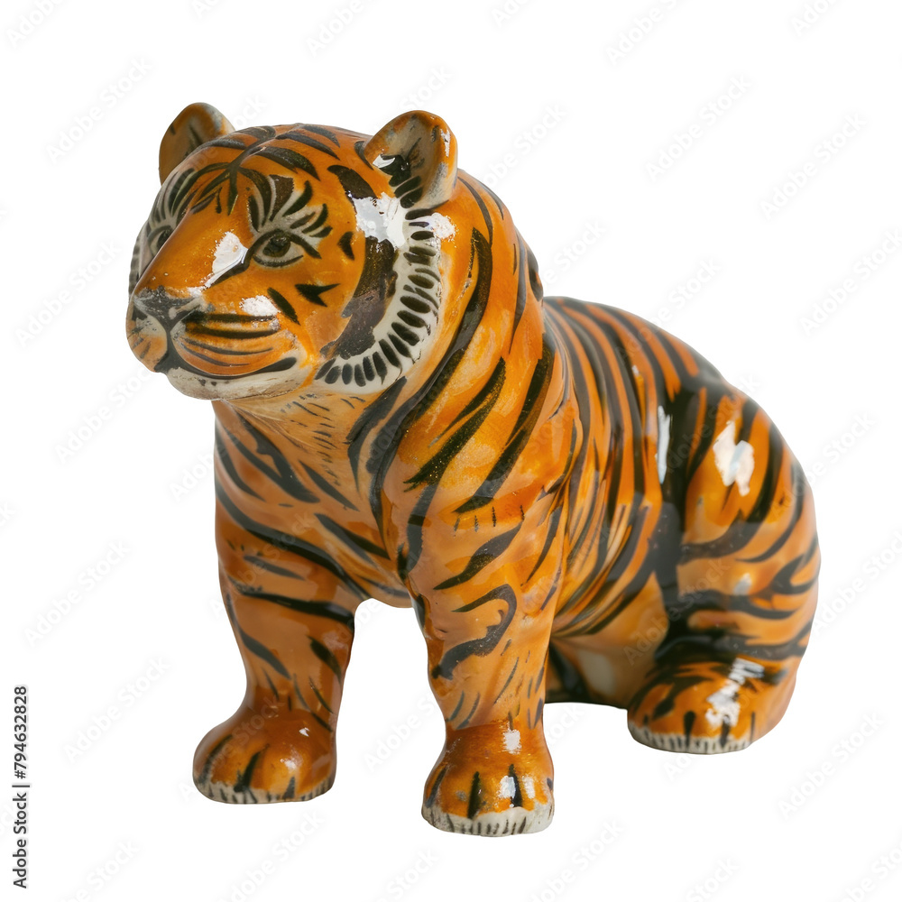 Obraz premium A ceramic toy tiger is neatly displayed against a transparent background