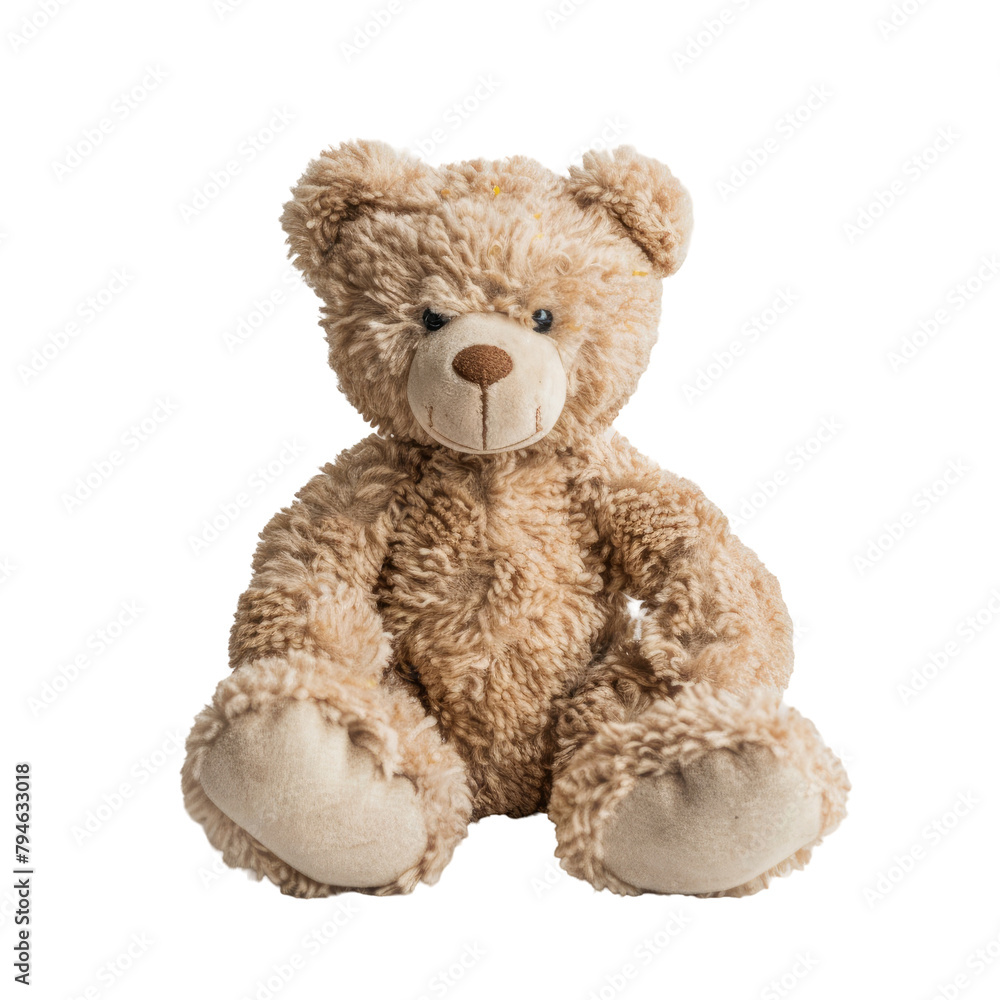 A cute teddy bear plush toy sits on a clear transparent background standing out in perfect isolation