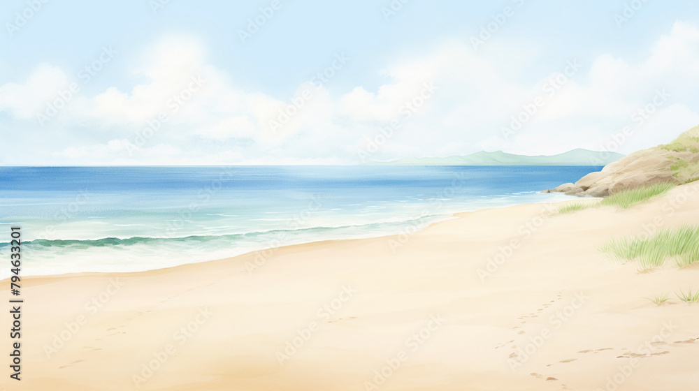 beautiful beach, pristine coastline, cartoon drawing, water color style,