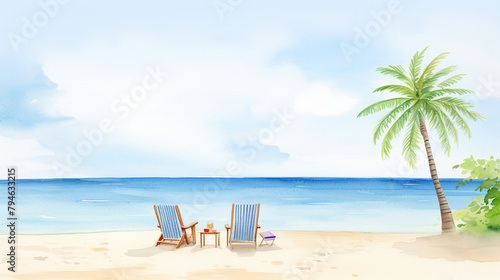 relaxation  serene beach  cartoon drawing  water color style 