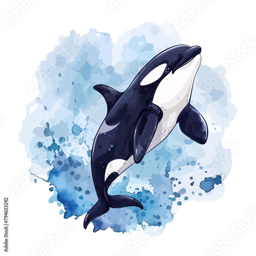 Cute cartoon orca swimming in watercolor painting style