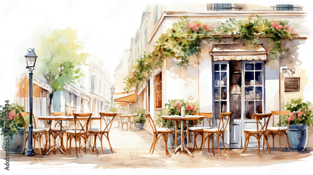 White Cafe with Outdoor Seating in Sunny Town: A vibrant setting of a white cafe with outdoor seating on a sunny day in a lively town, ideal for images of leisure, relaxation, and social gatherings
