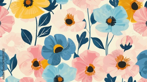 Wallpaper Mural Mid Century Flowers Pattern in Pink Blue and Yellow Torontodigital.ca