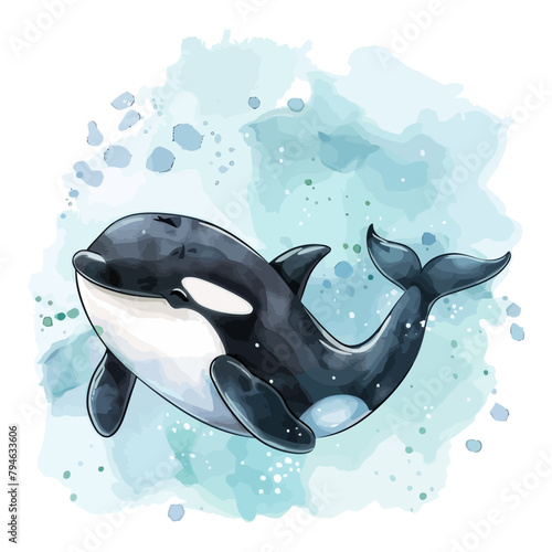 Cute cartoon orca swimming in watercolor painting style