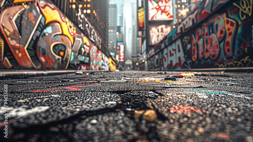 The raw energy of a cityscape captured through the juxtaposition of harsh cracked concrete and the lively, free-spirited nature of graffiti tags photo