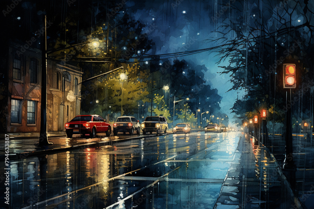 Close-up of rain-soaked city streets at night, reflections of street lamps and car lights creating a moody, atmospheric urban setting