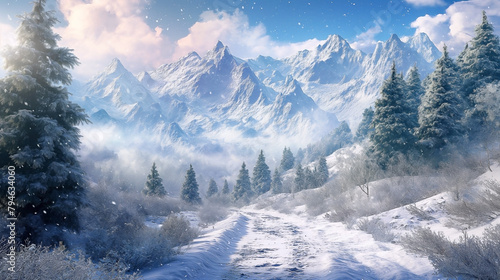 Snowy mountain path in winter forest. Winter mountain landscape with snow covered panoramic image (1)
