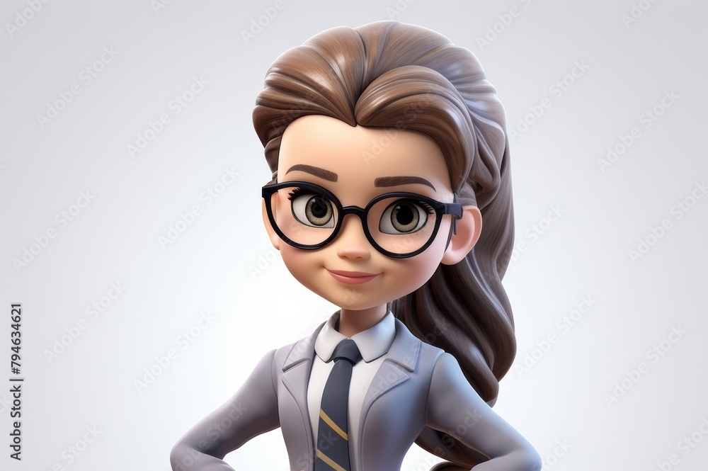 business advisory through the charming depiction of a 3D cartoon character, embodying the essence of a professional woman in a business suit, poised to offer strategic guidance and expertise.
