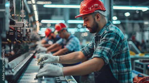 Assembly line workers adjusting machinery settings