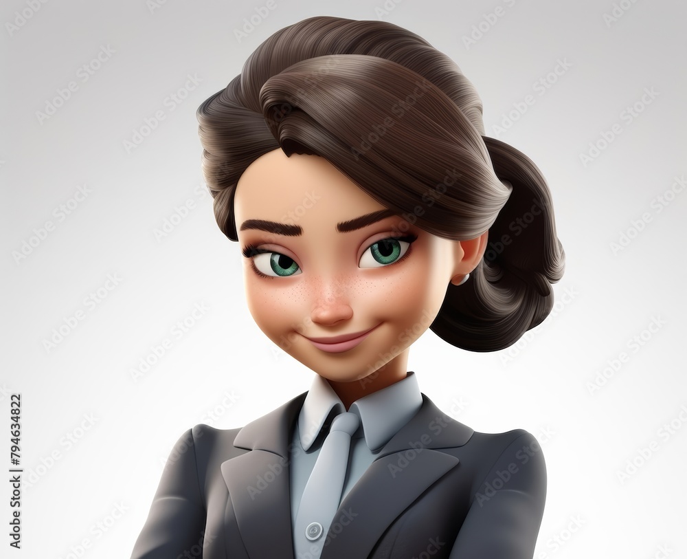 business advisory through the charming depiction of a 3D cartoon character, embodying the essence of a professional woman in a business suit, poised to offer strategic guidance and expertise.